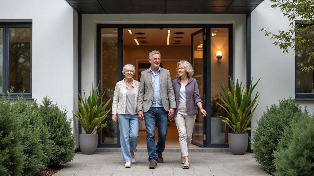 Drei ältere Bewohner verlassen gemeinsam ein modernes Mehrfamilienhaus
