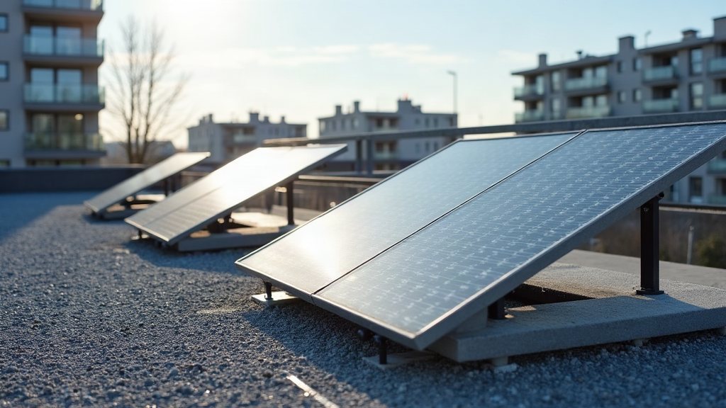 Solarmodule auf dem Flachdach eines Mehrfamilienhauses im Gegenlicht