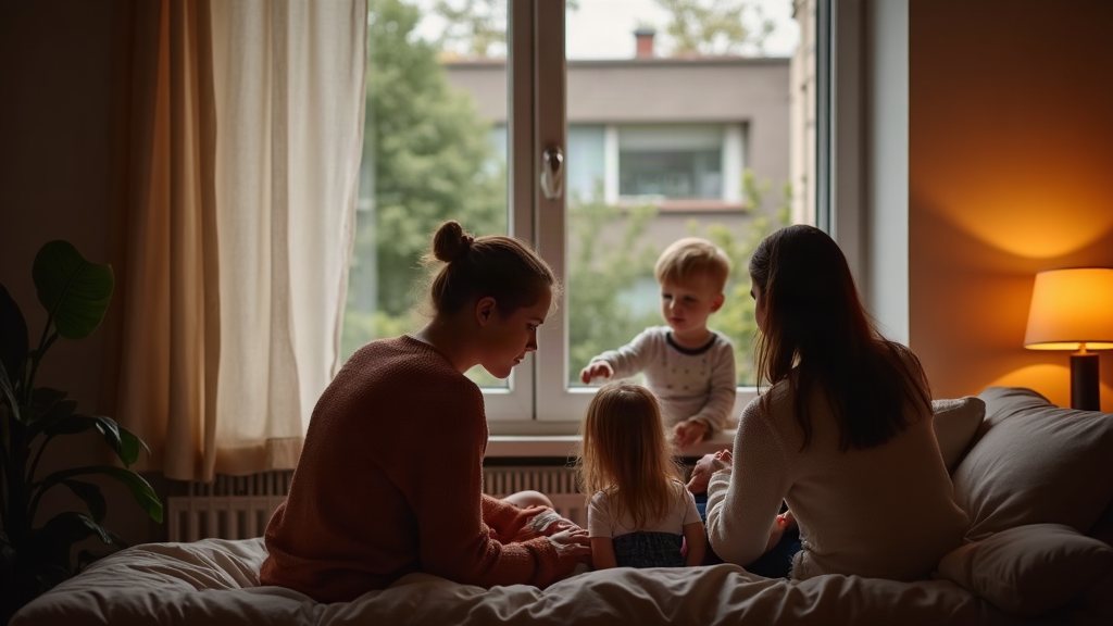 Familie mit zwei kleinen Kindern am Fenster einer gemütlichen Wohnung