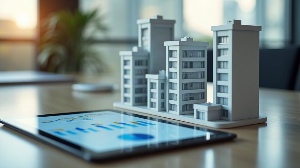 Architekturmodell mehrerer Wohngebäude neben einem Tablet mit Energiekennzahlen