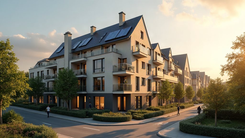 Mehrfamilienhaus mit Photovoltaik auf dem Dach an einer begrünten Straße