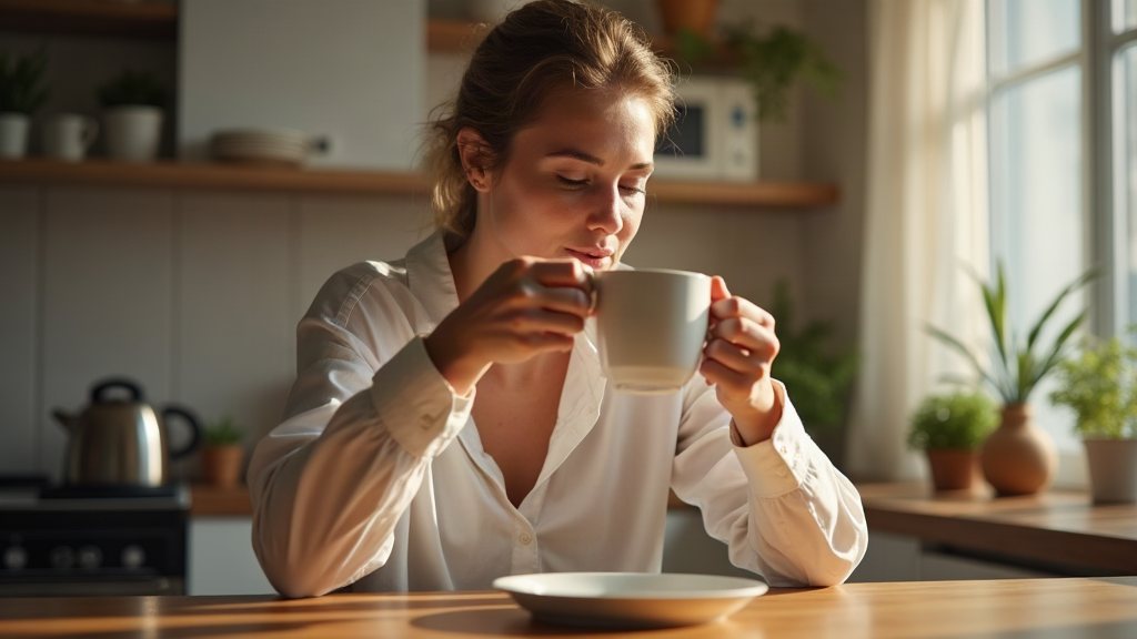 Frau trinkt morgens Kaffee in einer sonnigen Küche