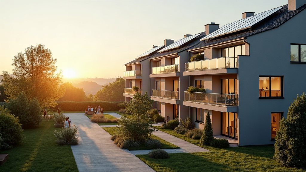 Mehrfamilienhäuser mit Solaranlagen im Abendlicht