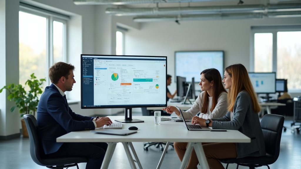 Drei Menschen besprechen Energiedaten an einem großen Bildschirm in einem hellen Büro